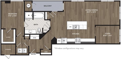 Floor plan for 1 bed, 1 bath, 1208 sqft